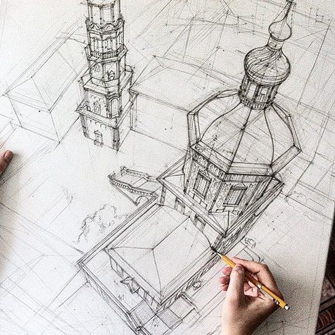 Detailed architectural sketch of a cathedral drawn in pencil, showing domes and towers, with artist's hands holding a pencil.