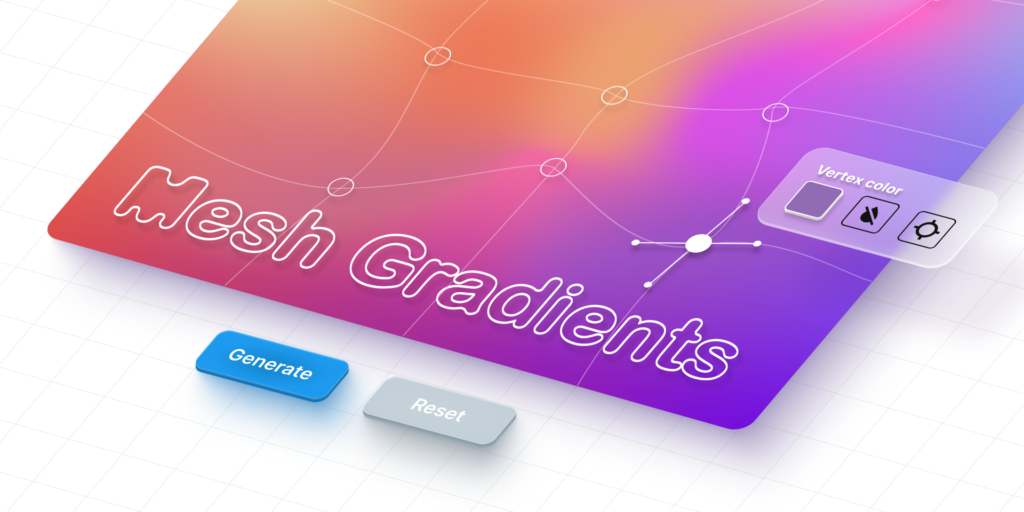 Mesh gradient tool interface with vibrant colors, buttons for generate and reset, and vertex color options for design customization