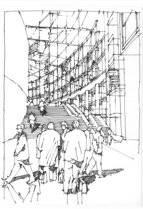 Detailed architectural sketch of a modern building's interior with people walking and ascending stairs, high ceiling, and large windows.