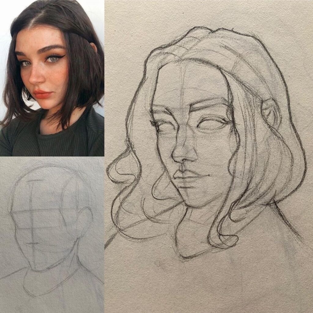 Drawing progress showing woman's portrait from sketch to detailed illustration.