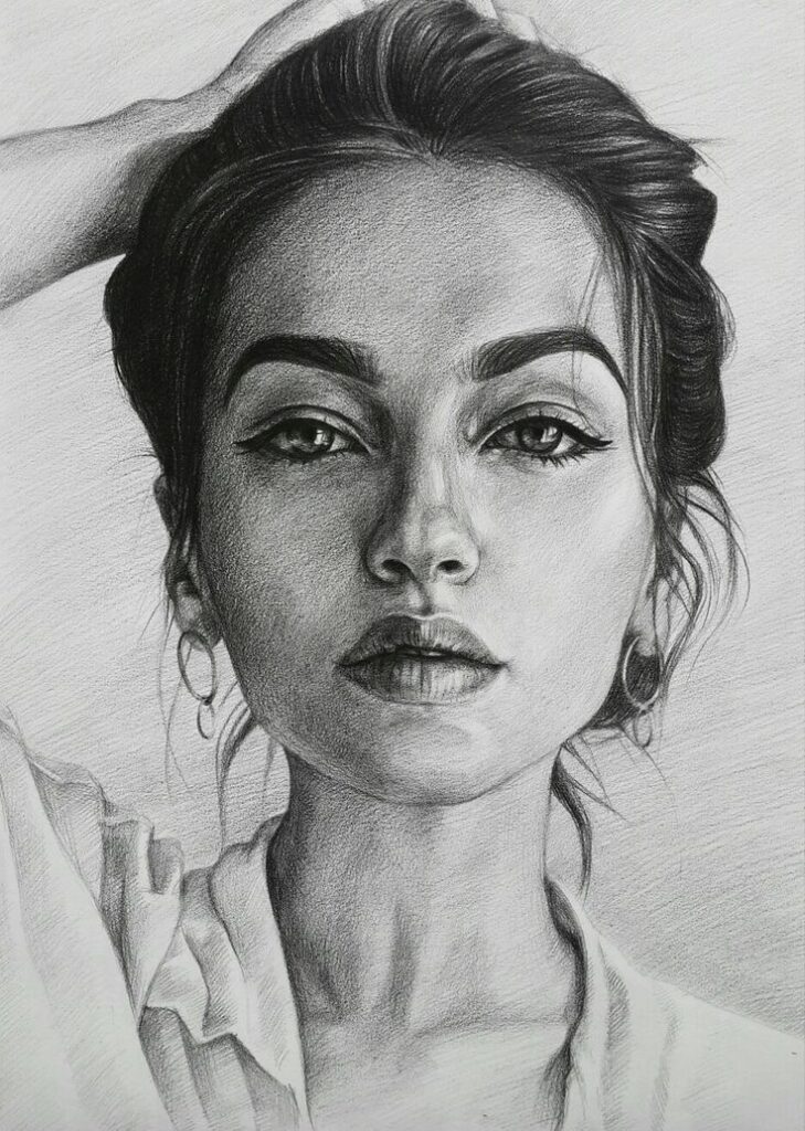 Pencil-drawn portrait of a young woman with hand in hair and subtle gaze.