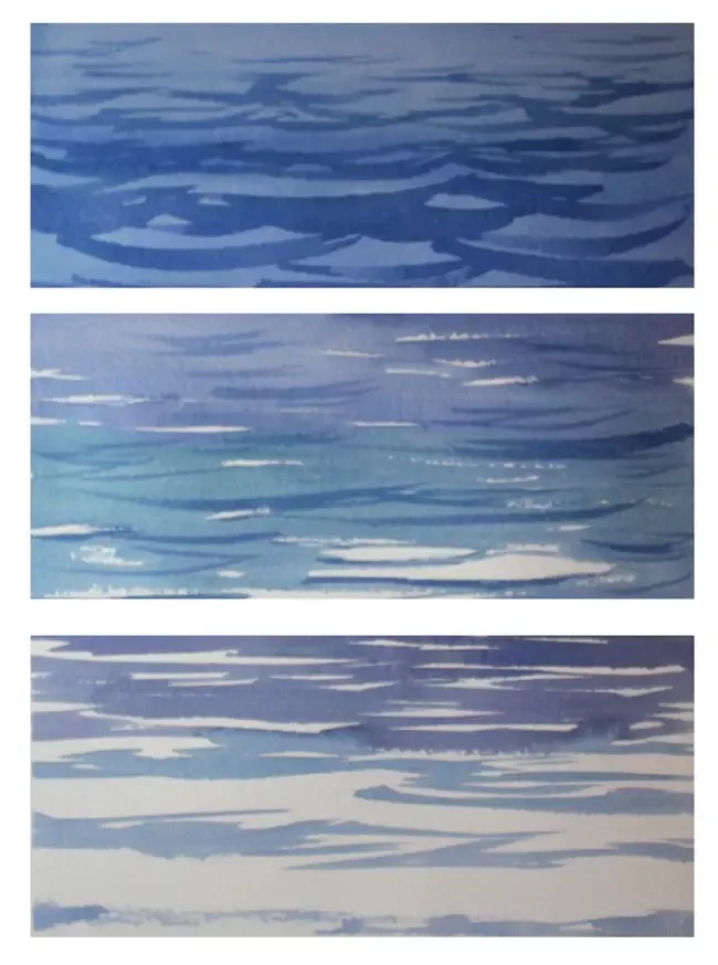Abstract painting series of blue water reflections on canvas in different shades and patterns.
