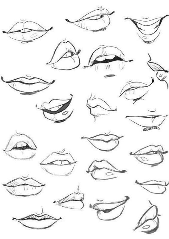 Hand-drawn sketches of various lip expressions and mouth positions for artistic reference and character design inspiration.