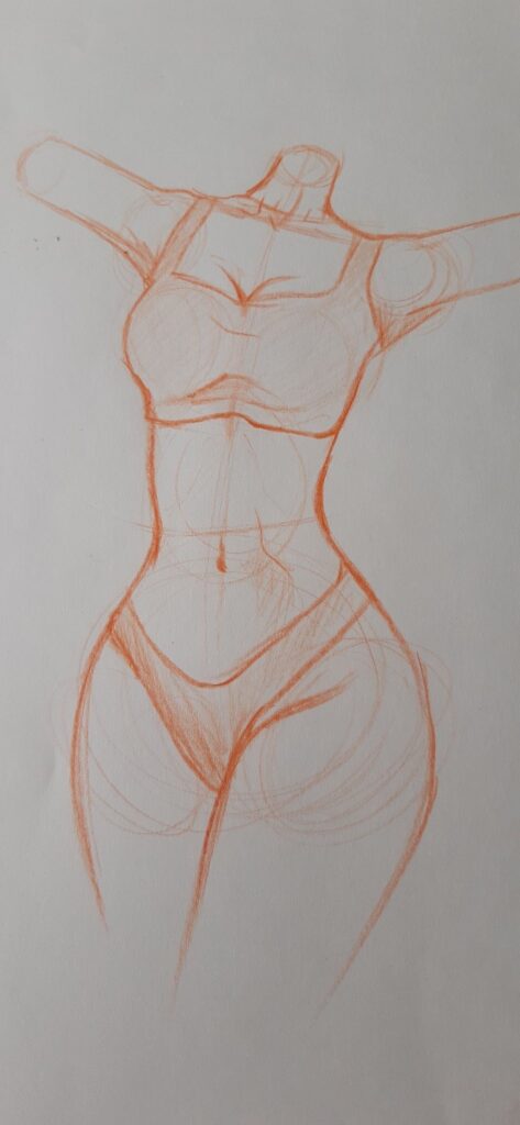 A rough anatomical sketch of a female figure from the neck to the thighs, drawn in orange pencil, showing basic outlines and proportions.