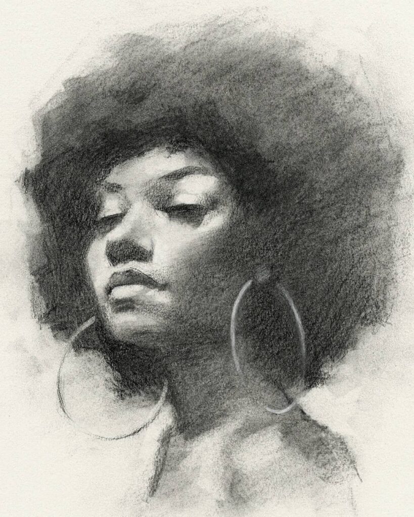 Charcoal sketch of a woman with afro hair and hoop earrings.