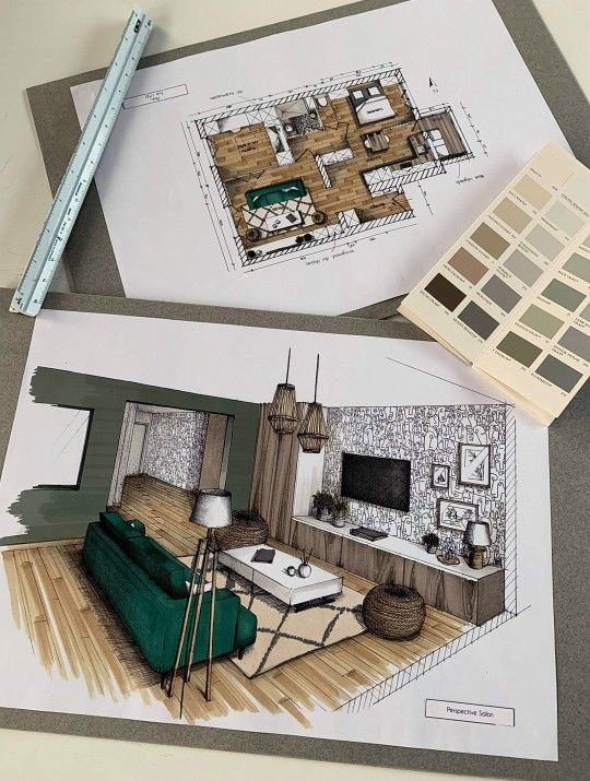 Interior design sketches with floor plan, furniture layout, color palette, and ruler, showcasing a modern living room concept.