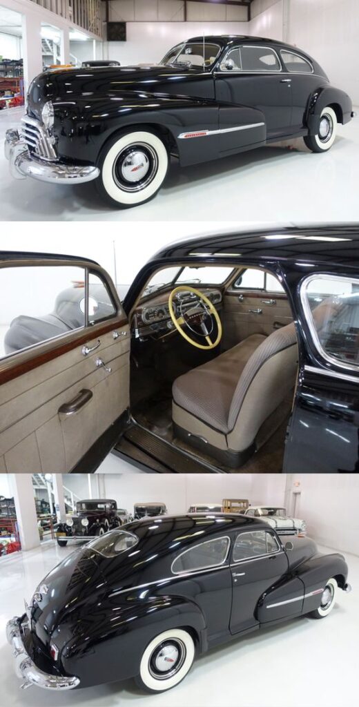 Three views of a classic black vintage car showcasing its exterior and interior design in a showroom.