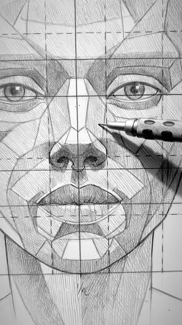 Detailed sketch of a geometric facial drawing with pen on paper.
