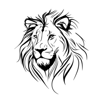 Black and white vector illustration of a lion's head, conveying strength and majesty in a minimalist artistic style.