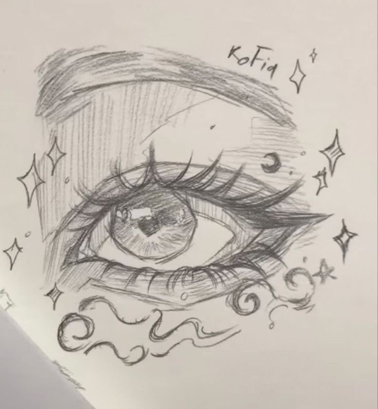 A pencil sketch of an eye with detailed eyelashes and iris. Stars and swirls decorate the surrounding area, with the name "Kofia" written at the top.