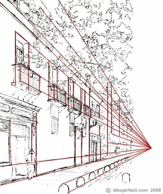A linear perspective drawing of a street scene, featuring rows of buildings, balconies, and a tree-lined street converging at a single vanishing point. Red guidelines highlight the perspective lines.