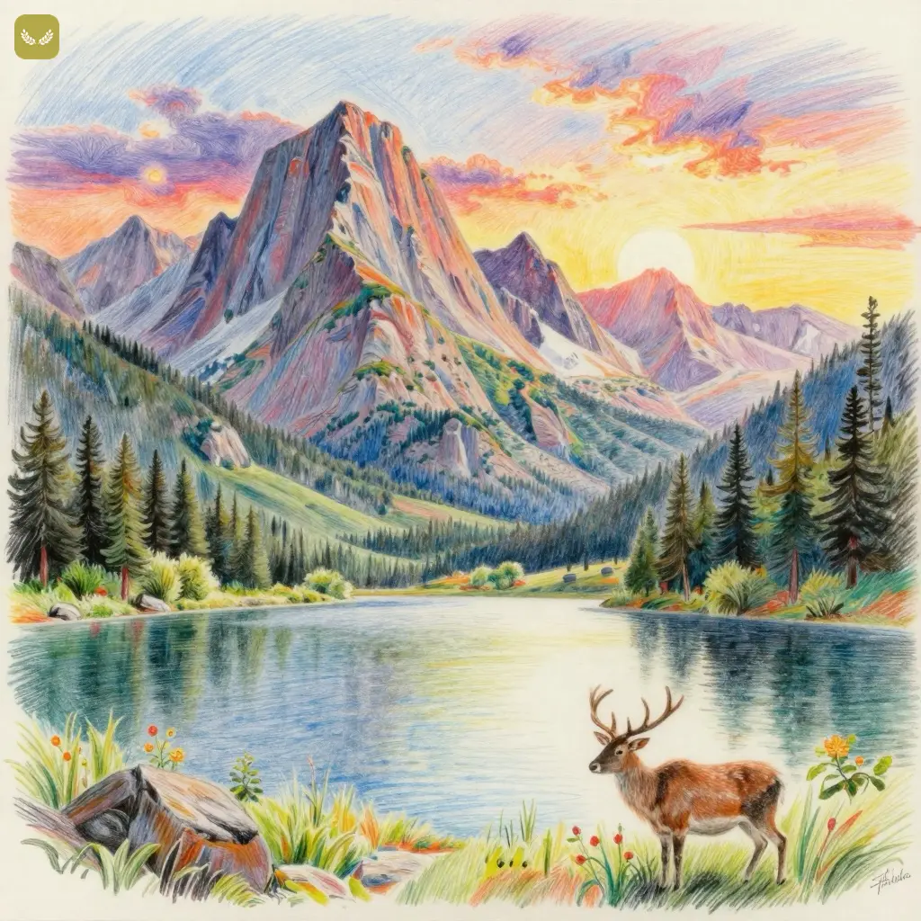 Illustrated landscape of a majestic mountain at sunset, with a serene lake and a deer in the foreground surrounded by lush trees.