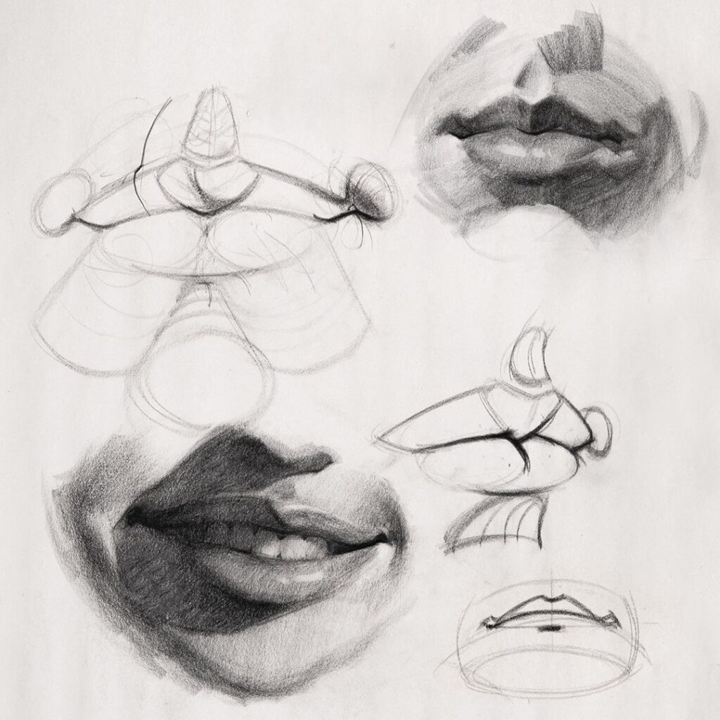 Pencil sketches of lips in various angles and stages of completion, showcasing detailed anatomy and shading techniques.