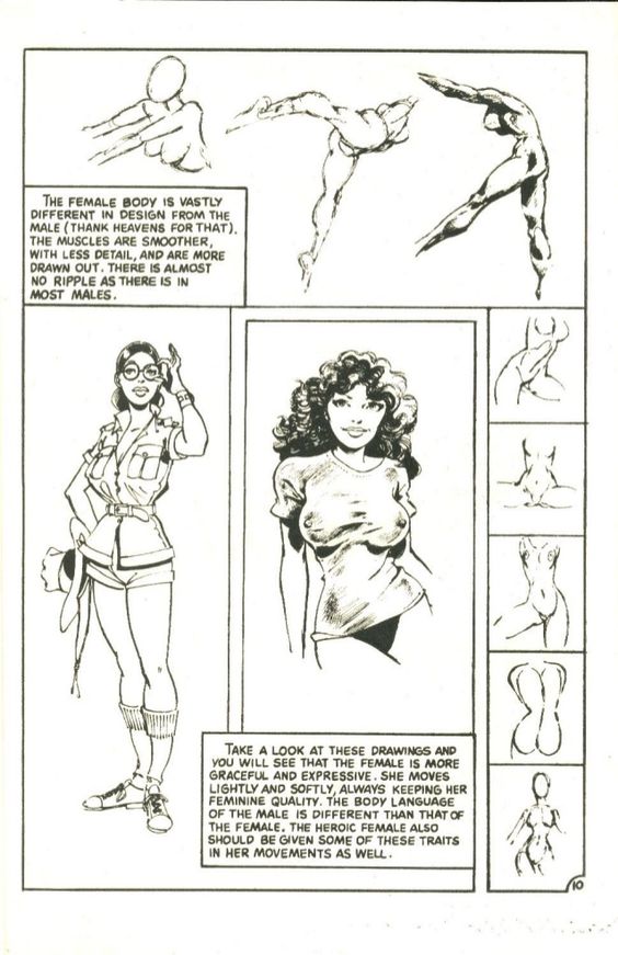 Comic art demonstrating differences in male and female body design, focusing on grace, expression, and muscle detail variation.