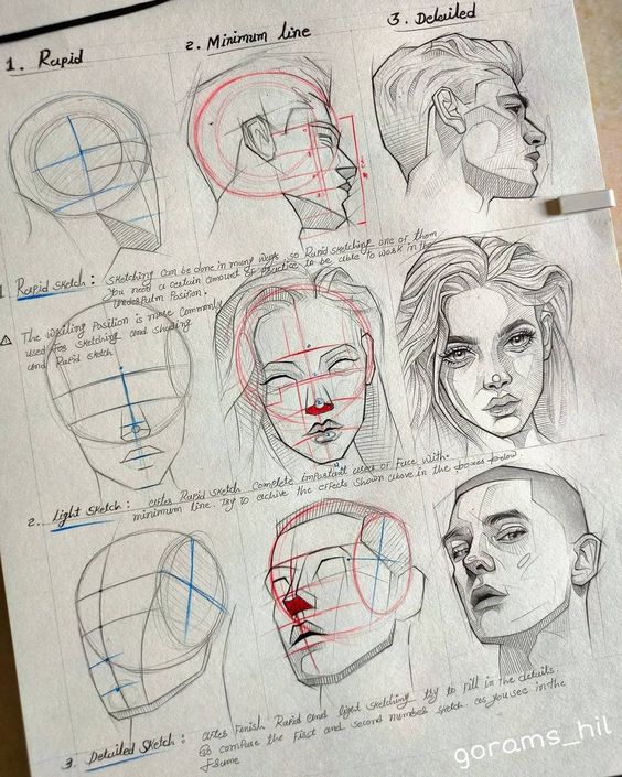 Art tutorial showing stages of drawing faces with geometric guides.