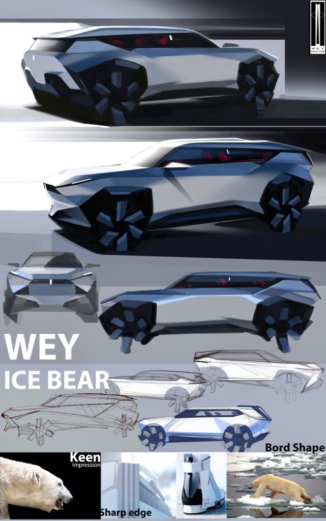 Concept design of WEY Ice Bear SUV with sleek lines and innovative features inspired by polar bears and sharp edges.