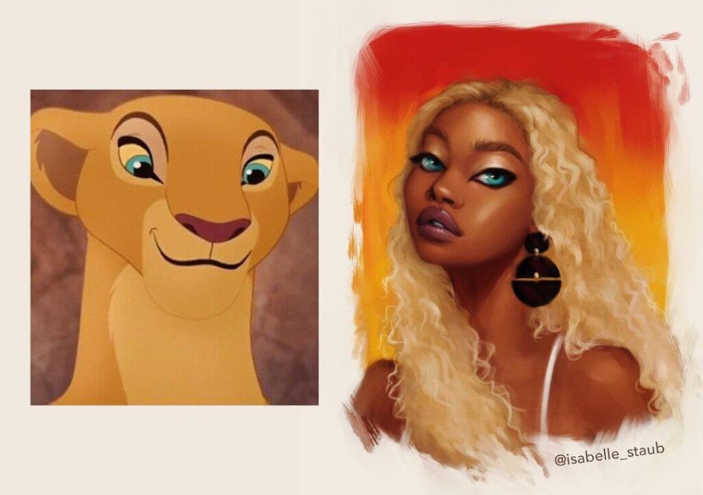 Digital artwork of Nala from The Lion King and a humanized version with blonde hair and earrings by @isabelle_staub.