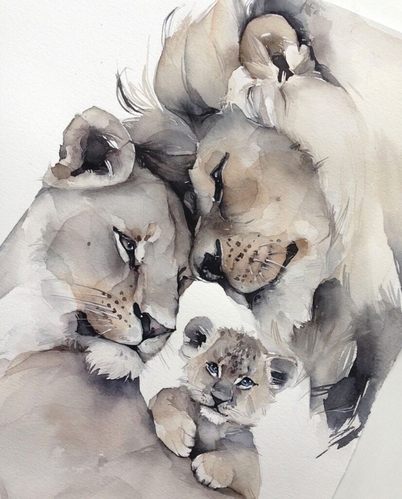 Watercolor painting of a lion family with a lion, lioness, and cub cuddling closely. Beautiful wildlife artwork.