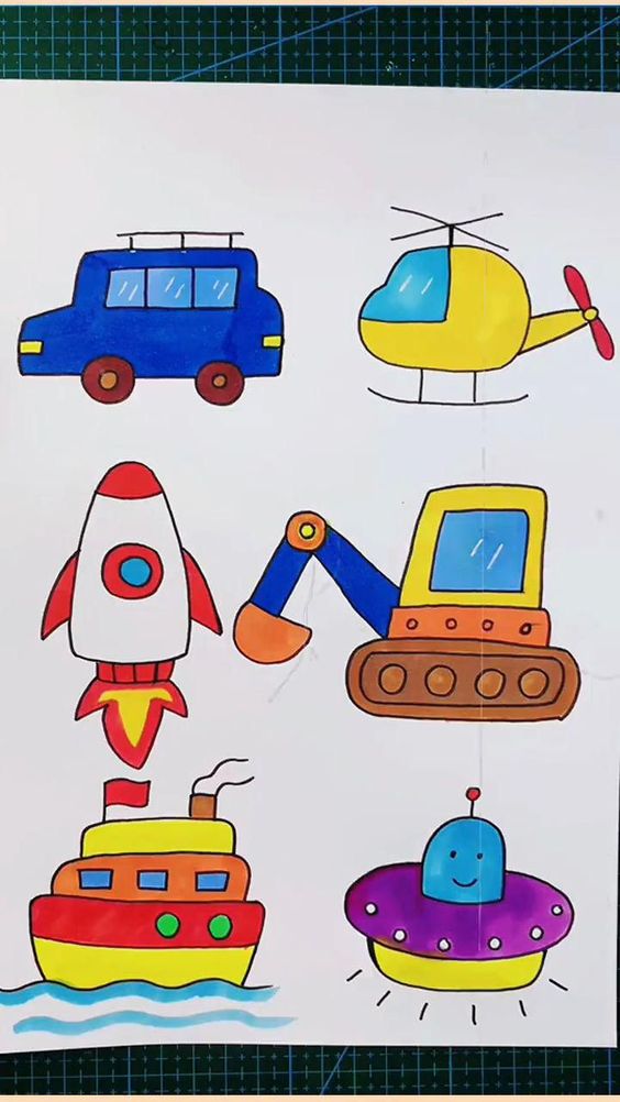 Children's drawings of various colorful transportation vehicles.