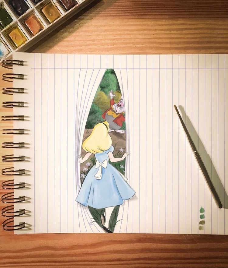 Illustration of Alice in Wonderland chasing the White Rabbit, drawn on a lined notebook paper with watercolors and a paintbrush beside it.