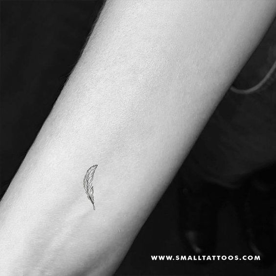 Minimalist feather tattoo on inner forearm, small and elegant tattoo design, www.smalltattoos.com.