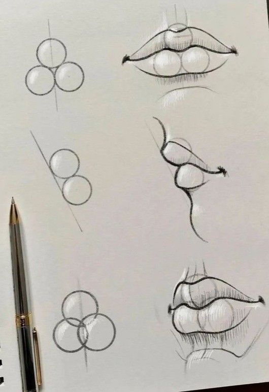 Sketches showing the step-by-step drawing process of lips with a pen.