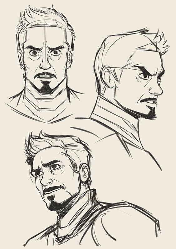 Sketches of a man with a goatee, shown from three angles: front, side, and three-quarter view. Detailed facial expressions.