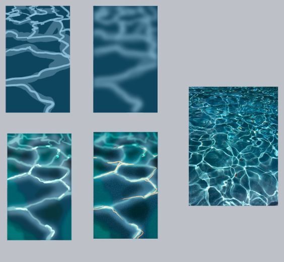 Progression of pool water reflections from blurry to clear, showing light patterns creating intricate designs across the water's surface.