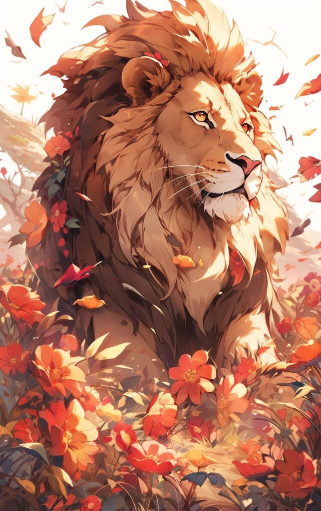Artistic lion surrounded by vibrant flowers and autumn leaves. Majestic, colorful nature scene. Perfect for wildlife illustrations.