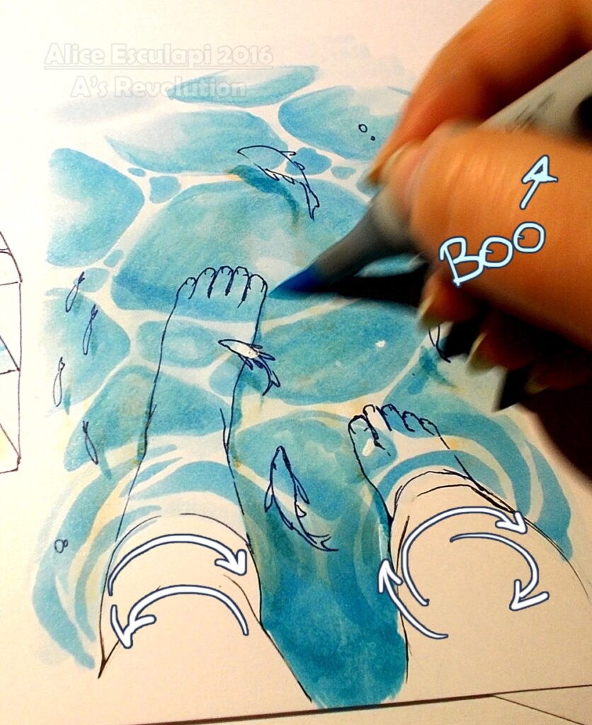Hand drawing an artistic underwater scene with feet, fish, and water effects using a blue marker.