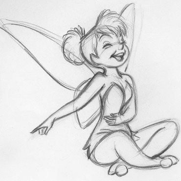 Sketch of a happy fairy with wings, sitting cross-legged and pointing while laughing, wearing a dress.