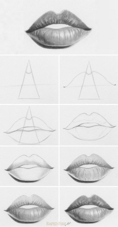 Step-by-step pencil drawing tutorial showing how to draw realistic lips from basic shapes to detailed shading techniques.