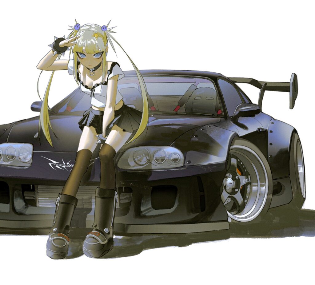 Anime girl with twin tails posing in front of a modified black sports car, wearing a black and white outfit with boots.