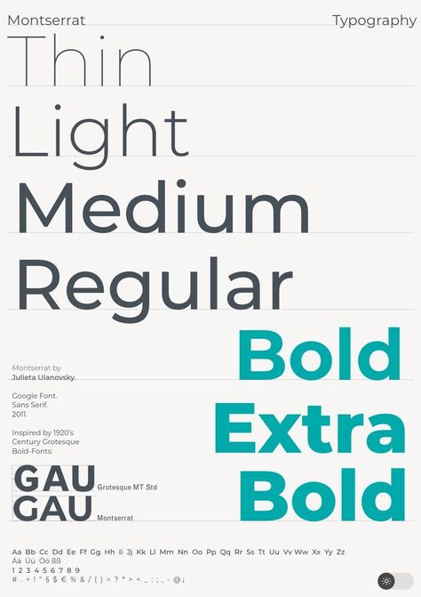 Font styles and weights of Montserrat typography, from Thin and Light to Bold and Extra Bold, showcasing a range of text visualizations.