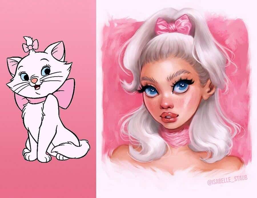 Artistic side-by-side of an animated white cat with a pink bow and a girl with blue eyes and matching hairstyle.