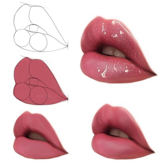 Step-by-step digital painting progression of realistic glossy pink lips, illustrating shading and detail techniques.