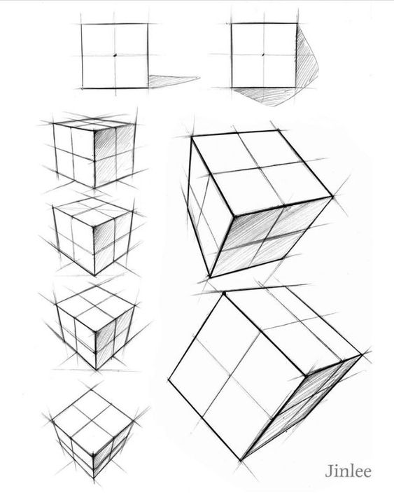 A series of hand-drawn cubes illustrating different perspectives and angles. Each cube shows varying degrees of rotation and shading, labeled with the name "Jinlee" in the bottom right corner.