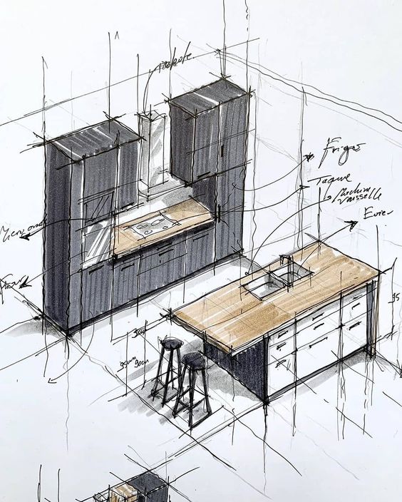 Architectural sketch of a modern kitchen layout featuring an island with barstools and detailed cabinetry plans.