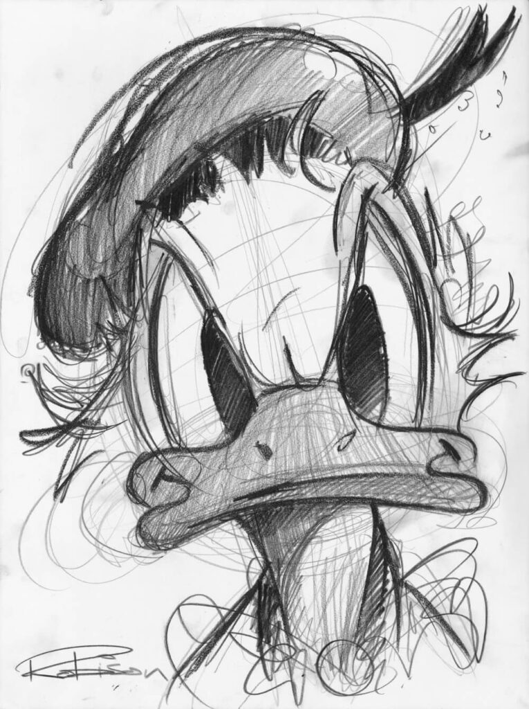 Black and white sketch of a cartoon duck with a grumpy expression, created with rough, expressive pencil strokes.