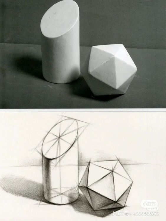 Top: A cylindrical and a polyhedral object on a surface. Bottom: A geometrical sketch of the same objects with construction lines.