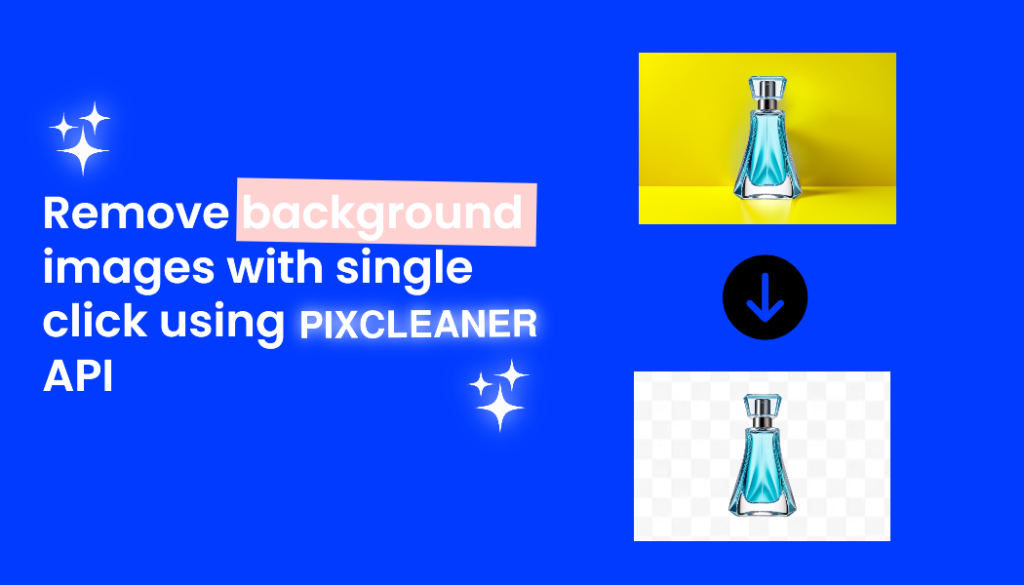 Remove image backgrounds effortlessly with PixCleaner API – before and after examples of a bottle on yellow and transparent background.