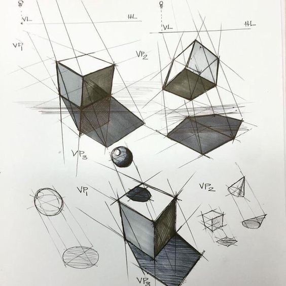 Geometric shapes and forms drawn in perspective with various shading techniques, showcasing cubes, spheres, cones, and lines converging at vanishing points on a white background.