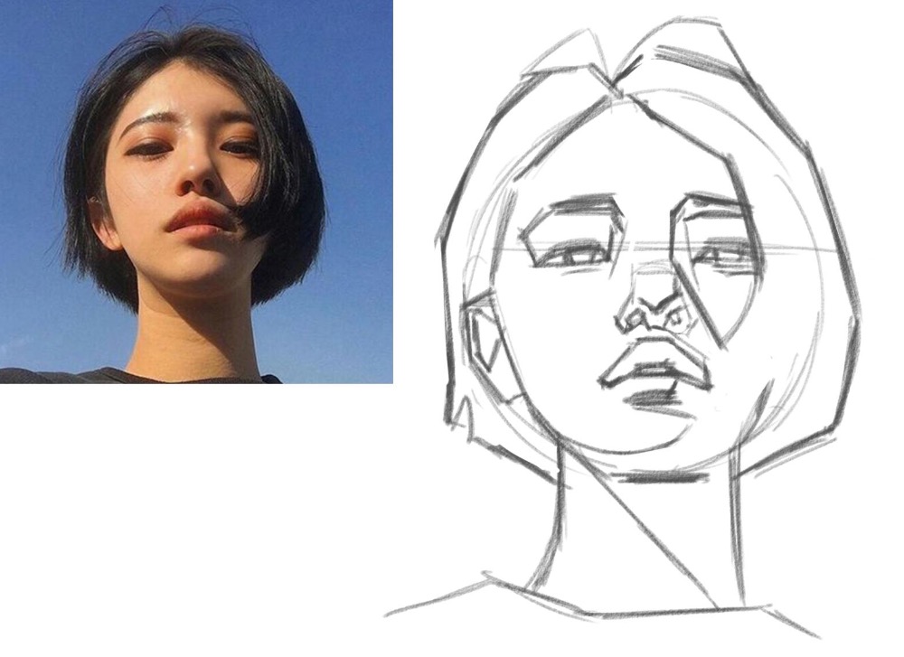 Comparison of a young woman's photo and her pencil sketch portrait.