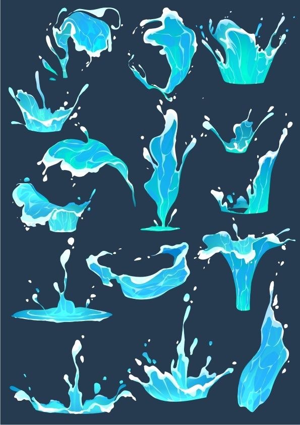 Vector illustrations of various water splashes in different dynamic shapes. Bright blue color on a dark background.