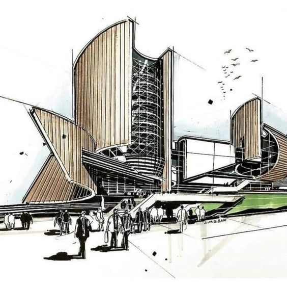 Futuristic architectural sketch of a modern building with curved structures and glass elements, surrounded by people.