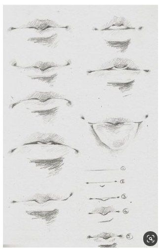 Pencil sketches of various mouth expressions, demonstrating different shapes and techniques for drawing lips in art.