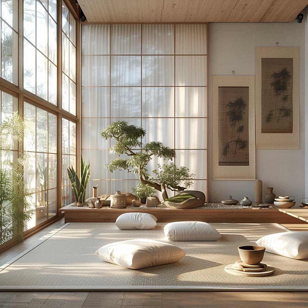 Zen-inspired minimalistic room with bonsai tree, shoji screens, floor cushions, and natural light for meditation and relaxation.