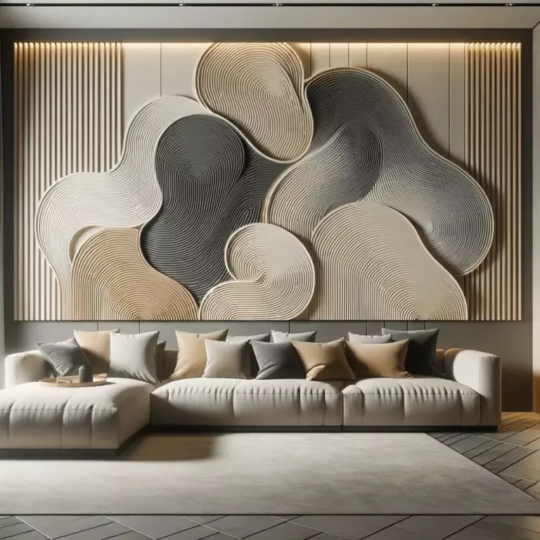 Modern living room with artistic wall paneling and a cozy beige sectional sofa adorned with accent pillows.