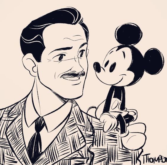 Illustration of a man in a suit with Mickey Mouse on his shoulder, showcasing a timeless friendship.