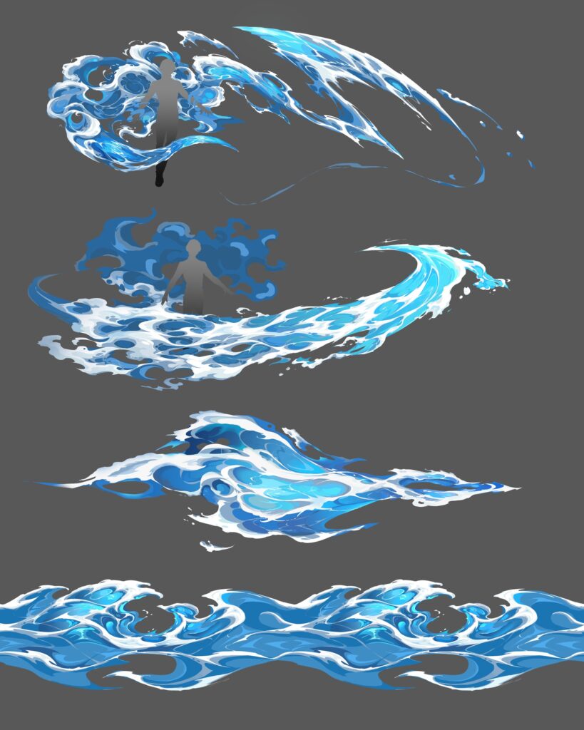 Illustrated water wave designs featuring a human silhouette in various aquatic themes on a grey background.